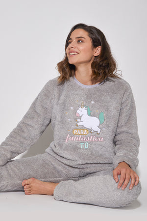 Pigiama donna coral caldissimo unicorno Mr. Wonderful 55775 grigio