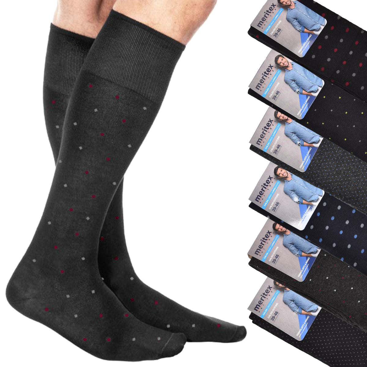 Calze uomo lunghe caldo cotone Meritex 1236 pois 6 paia