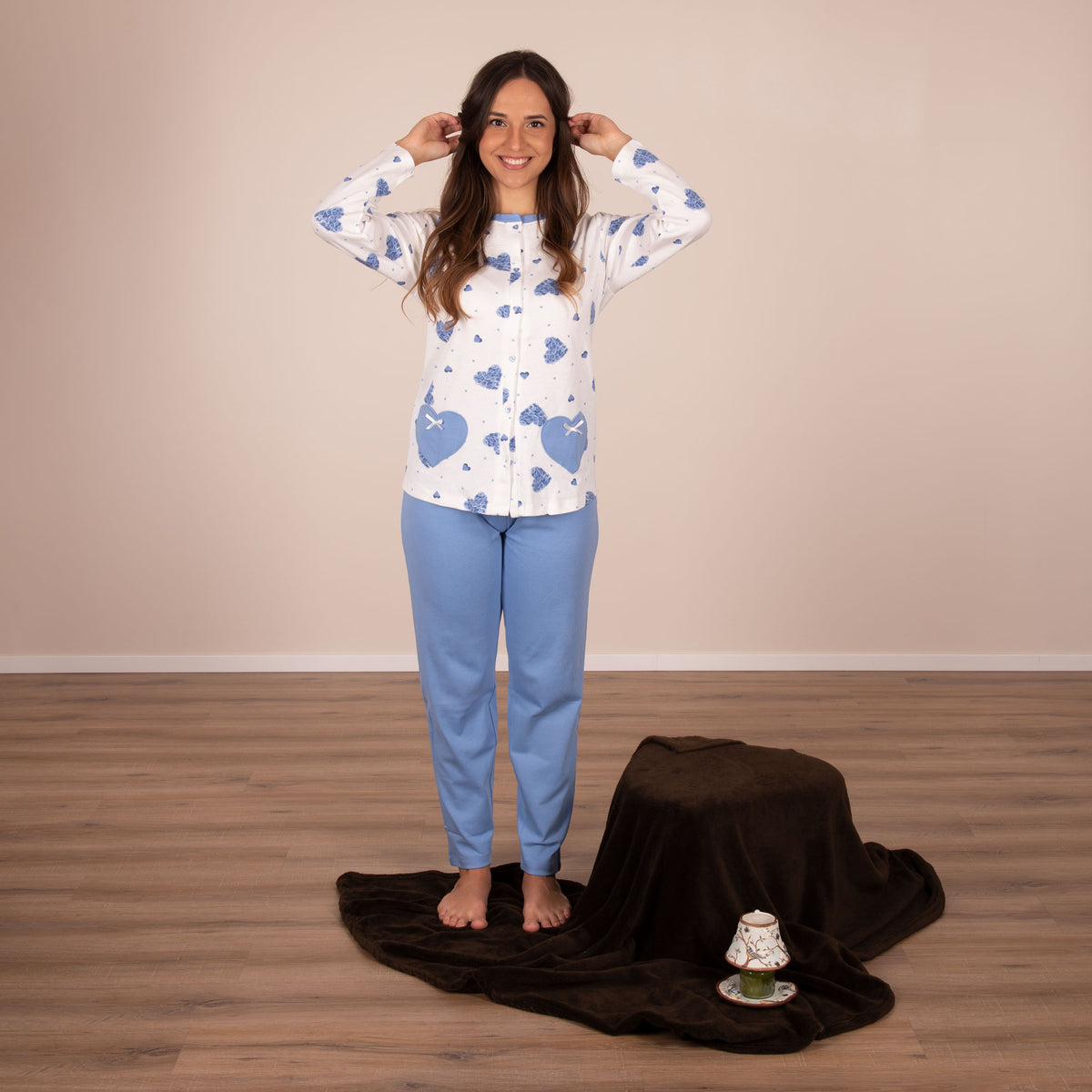 Pigiama donna aperto con bottoncini caldo cotone celeste Cippi 2173