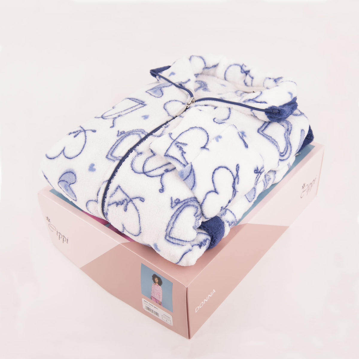 Pigiama donna coral caldo soffice cuori Cippi 2204 panna azzurro