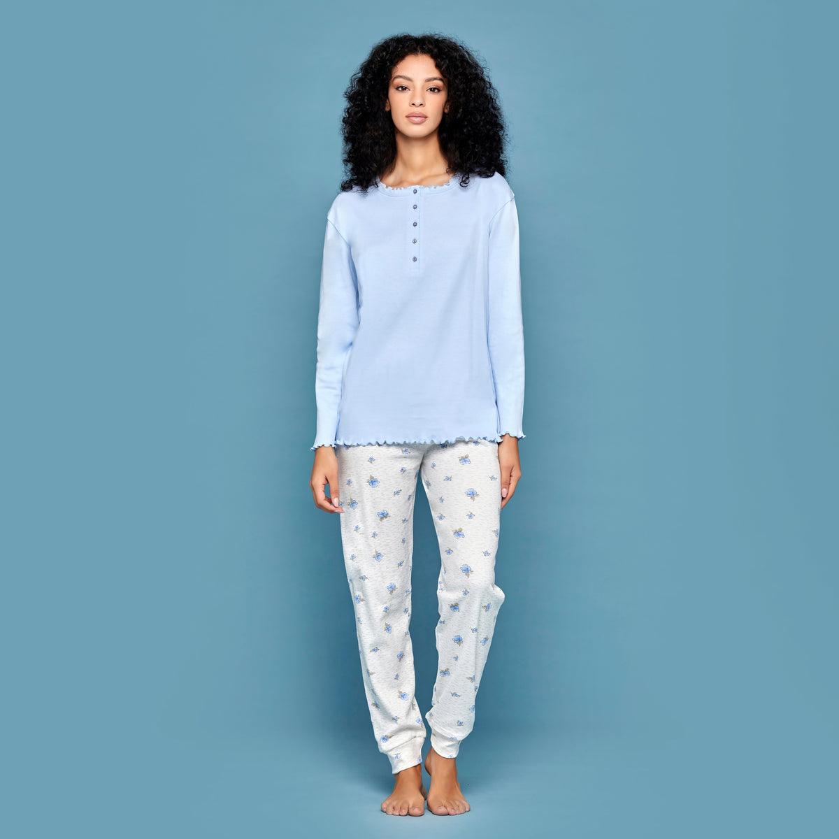 Pigiama donna invernale Cippi 2222 caldo cotone celeste fiori