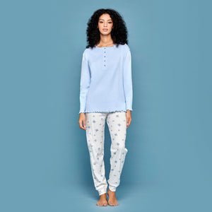 Pigiama donna invernale Cippi 2222 caldo cotone celeste fiori