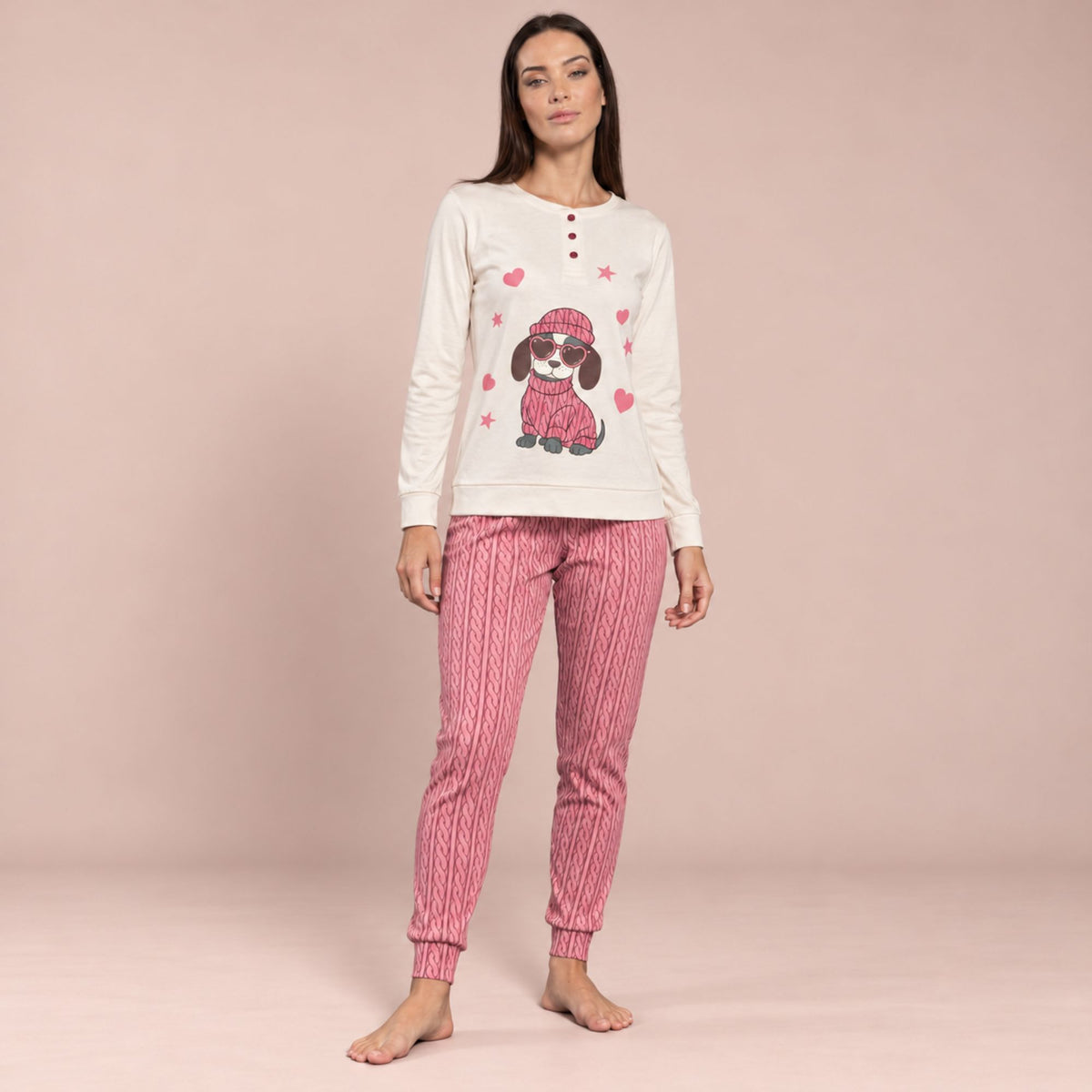 Pigiama donna caldo cotone cagnolino Biancaluna 26D90005