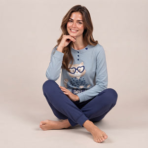 Pigiama donna caldo cotone con gattino Biancaluna 26D90022