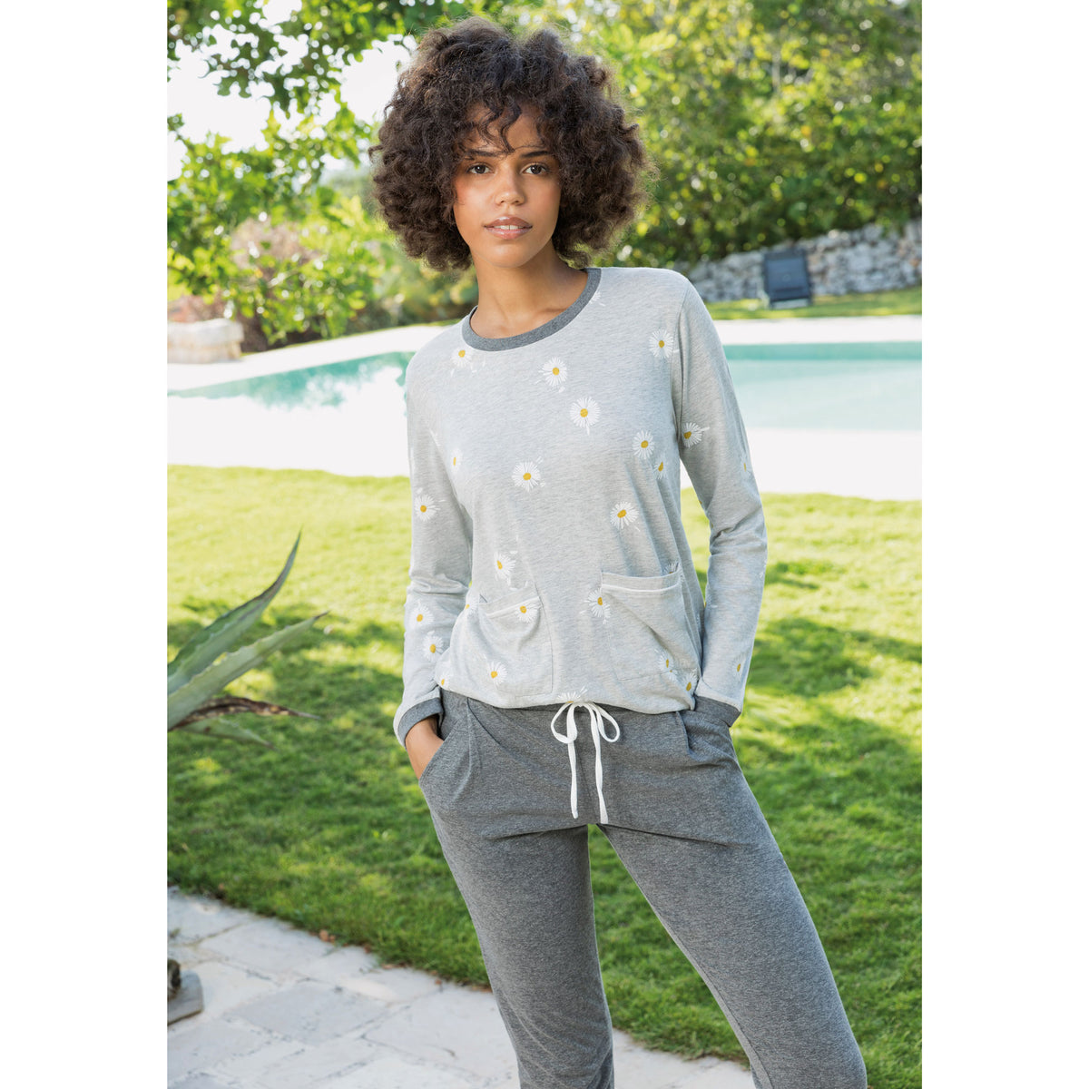 Pigiama donna lungo cotone t-shirt stampa pantalone Jadea 3119 grigio