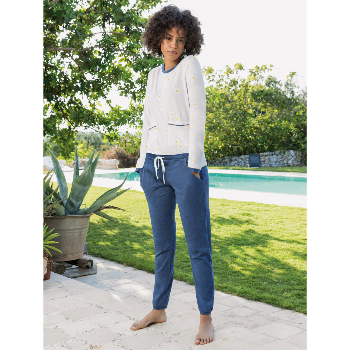 Pigiama donna lungo cotone primaverile Jadea 3119 panna - blu