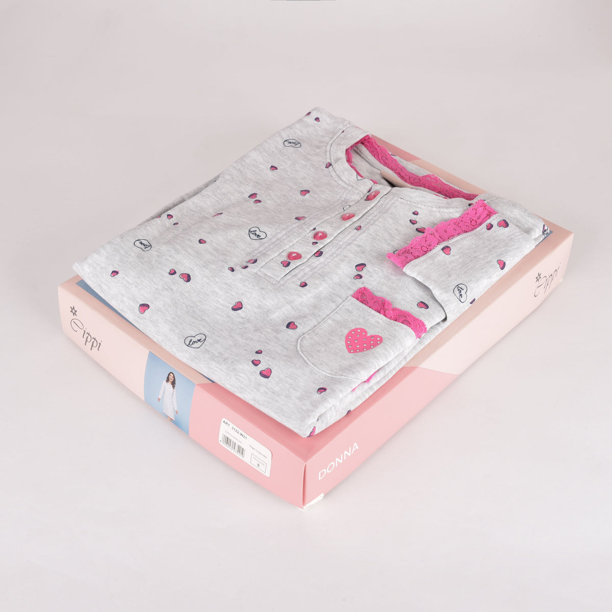 Camicia da notte caldo cotone Cippi grigio cuoricini pizzo fucsia