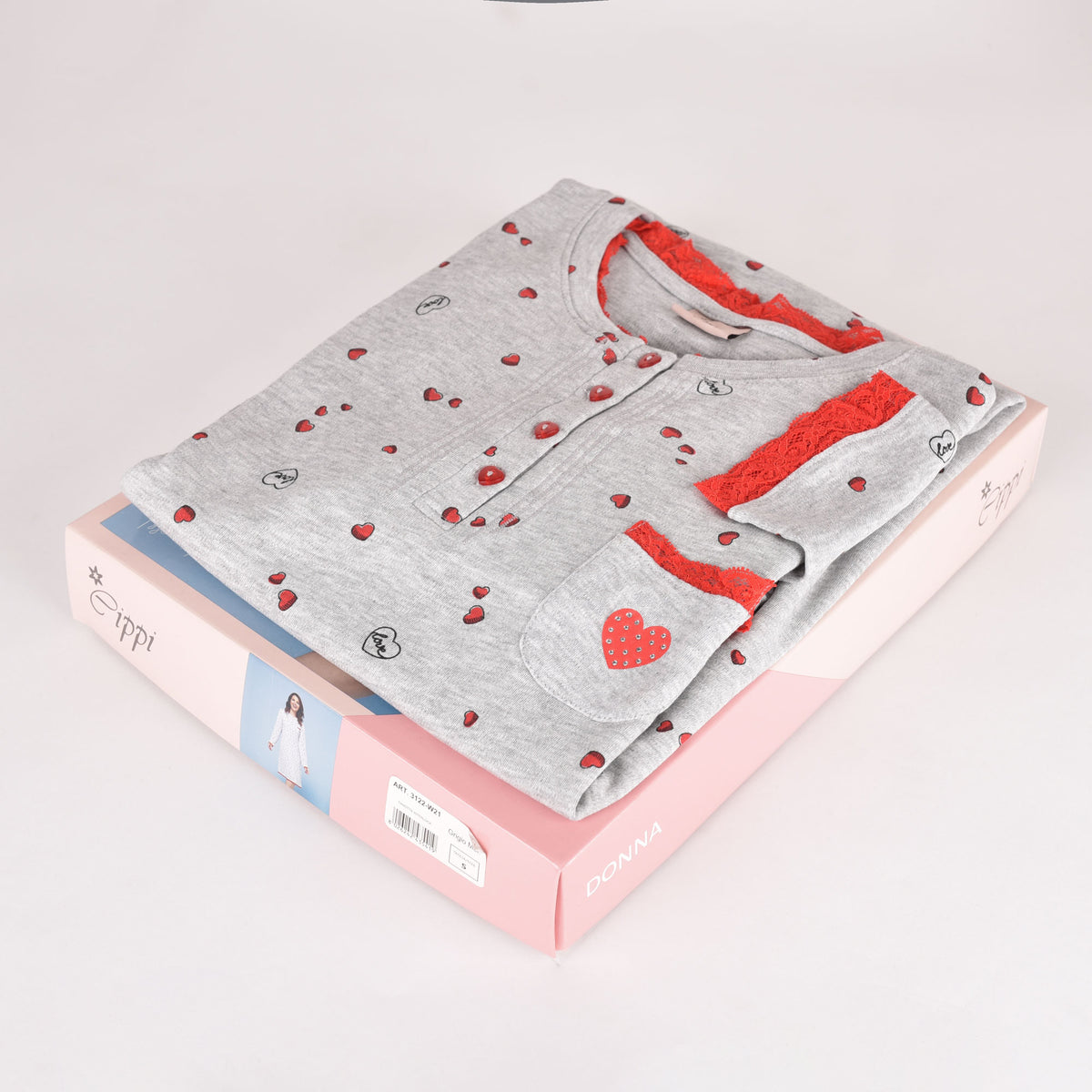 Camicia da notte caldo cotone Cippi grigio cuoricini pizzo rosso