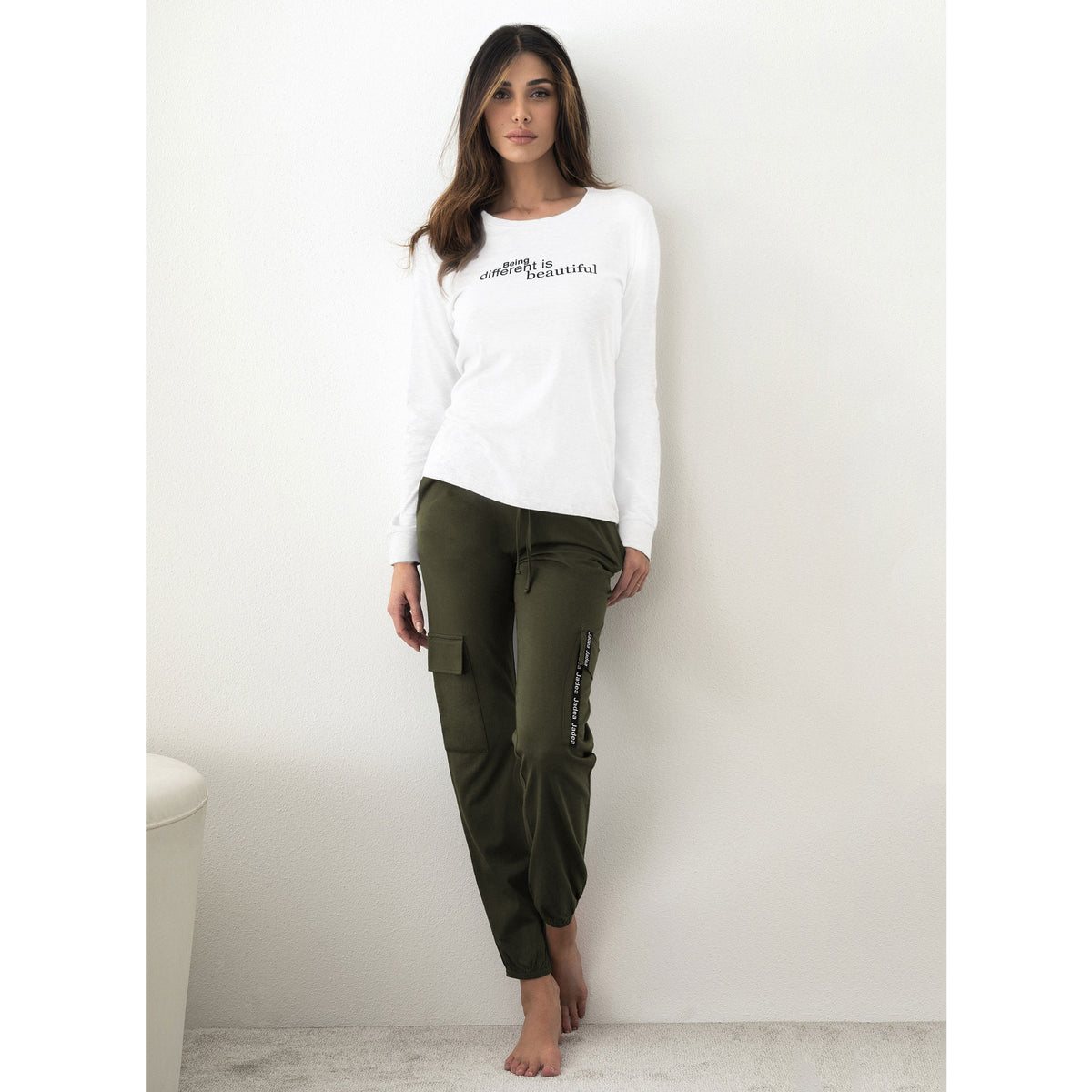 Pigiama Jadea donna cotone primaverile 3133 bianco verde militare