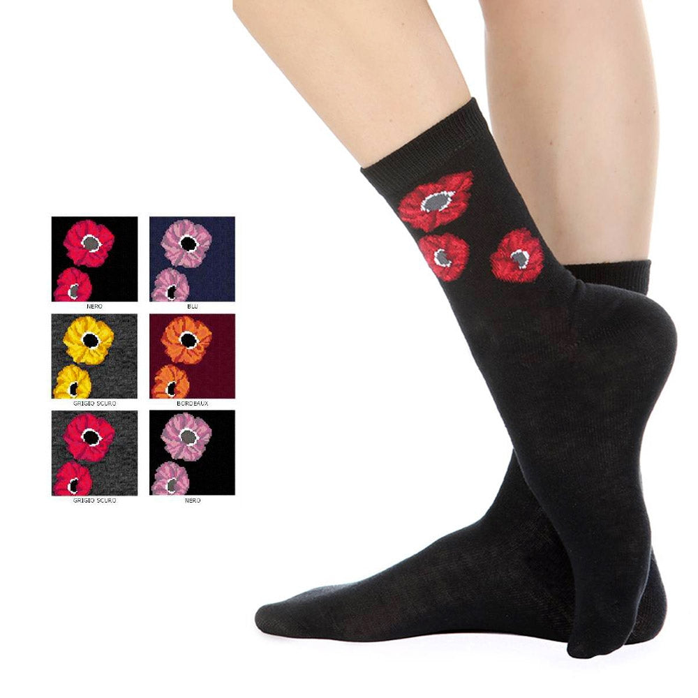 Calze donna caldo cotone Meritex 3490 papaveri 6 paia