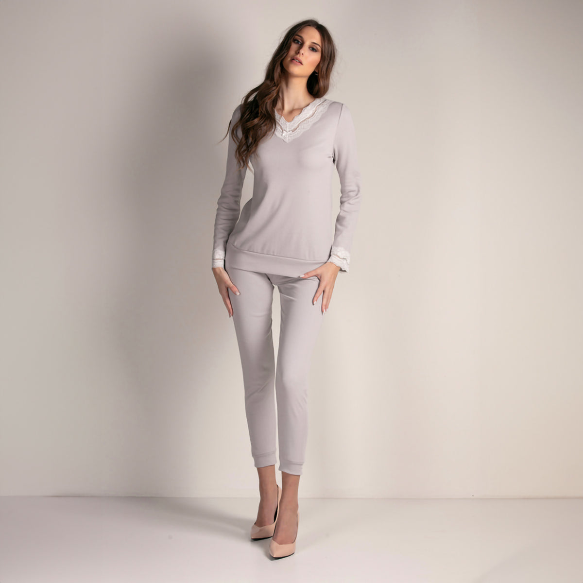 Pigiama donna in caldo cotone con dettagli in pizzo Lunatica 42124