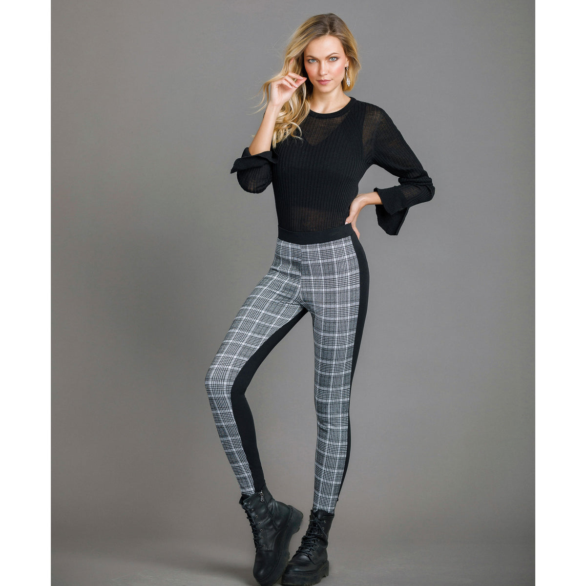 Leggings moda a fantasia tartan lamè argento Jadea 4278 nero