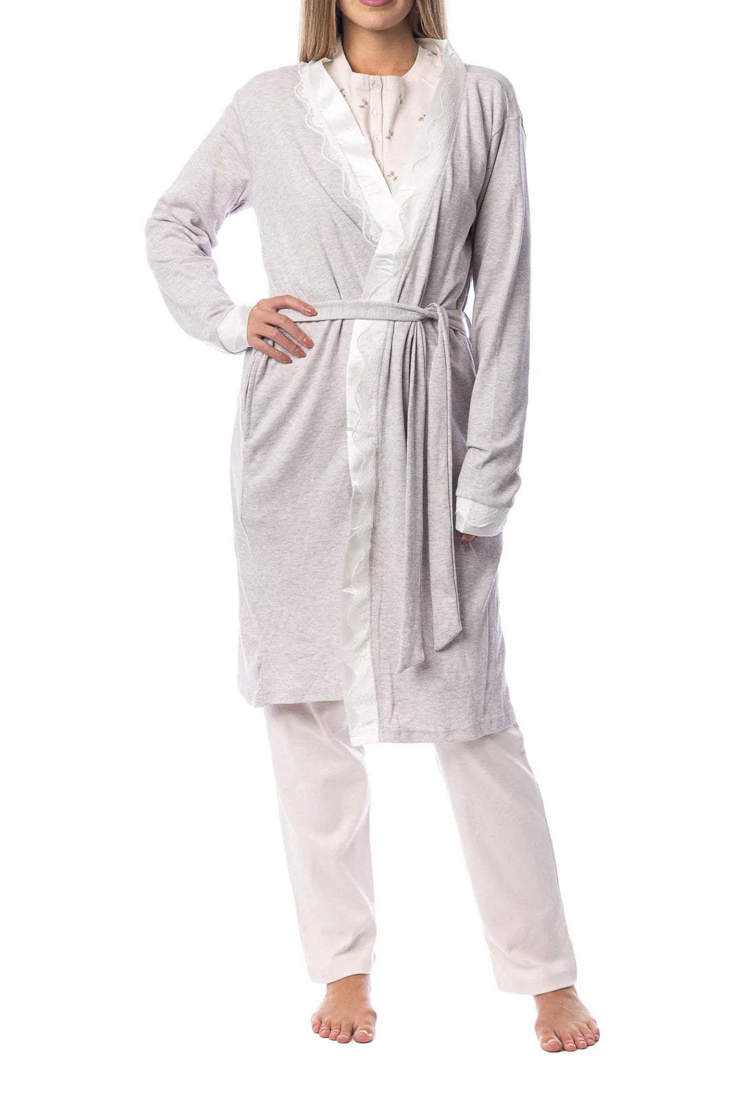 Vestaglia donna invernale Cippi 4967 caldo cotone grigio chiaro e cipria melange