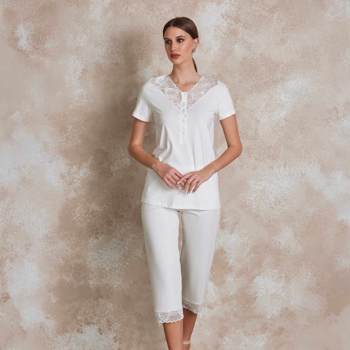 Pigiama Donna scollo a serafino con pizzo 100% cotone Lunatica 51144