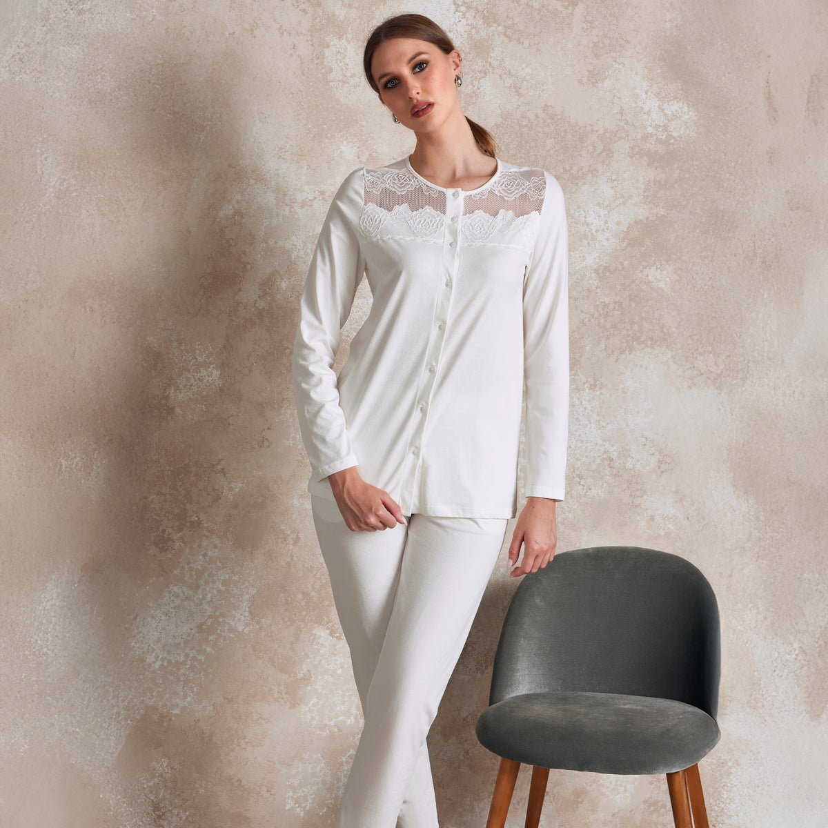 Pigiama Donna in cotone maglia aperta e pizzo floreale Lunatica 51147