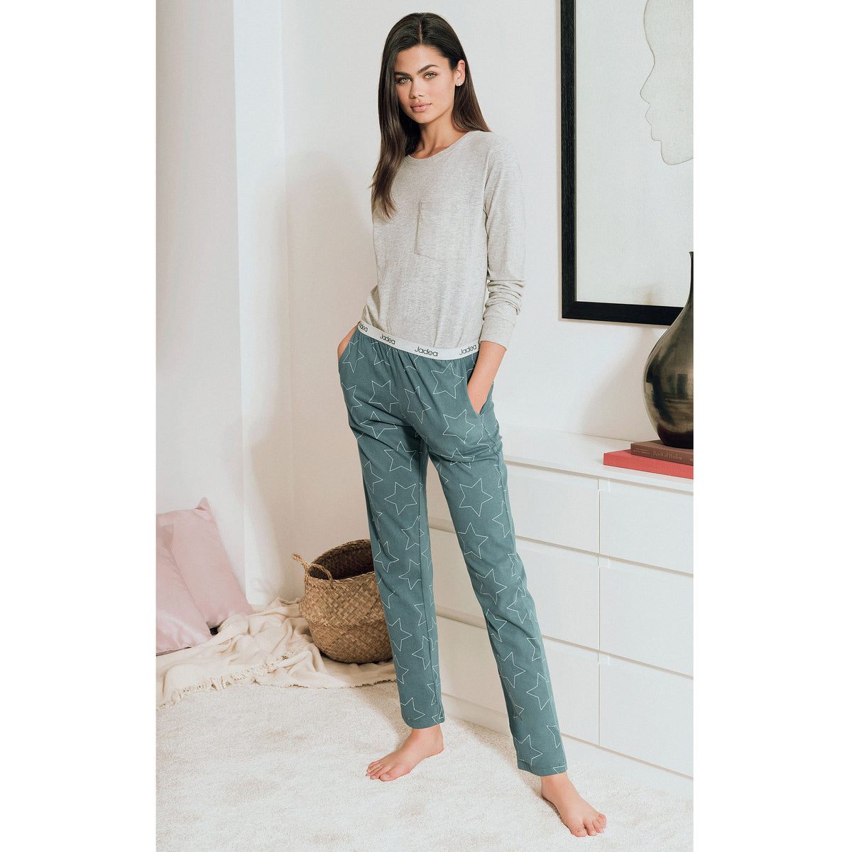 Pigiama donna caldo cotone Jadea 5142 grigio verde stelle
