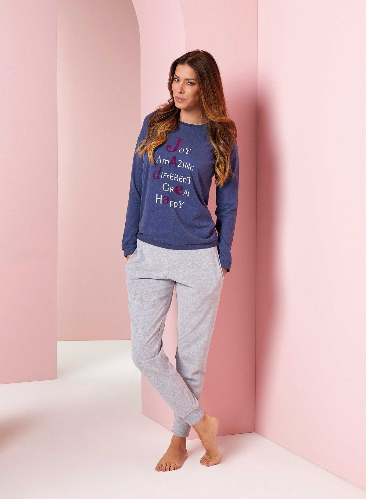 Pigiama Jadea Home in caldo cotone manica e pantalone con polsini 5176