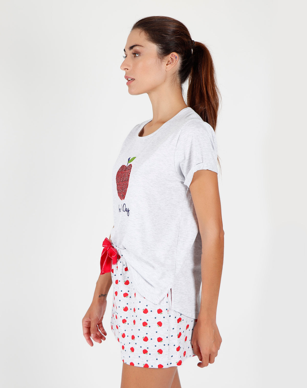 Pigiama donna corto Admas 55103 stampa mela grigio