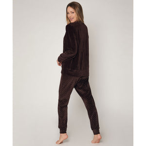 Pigiama donna cane e cuori oro ricamato in velluto marrone Admas 55853