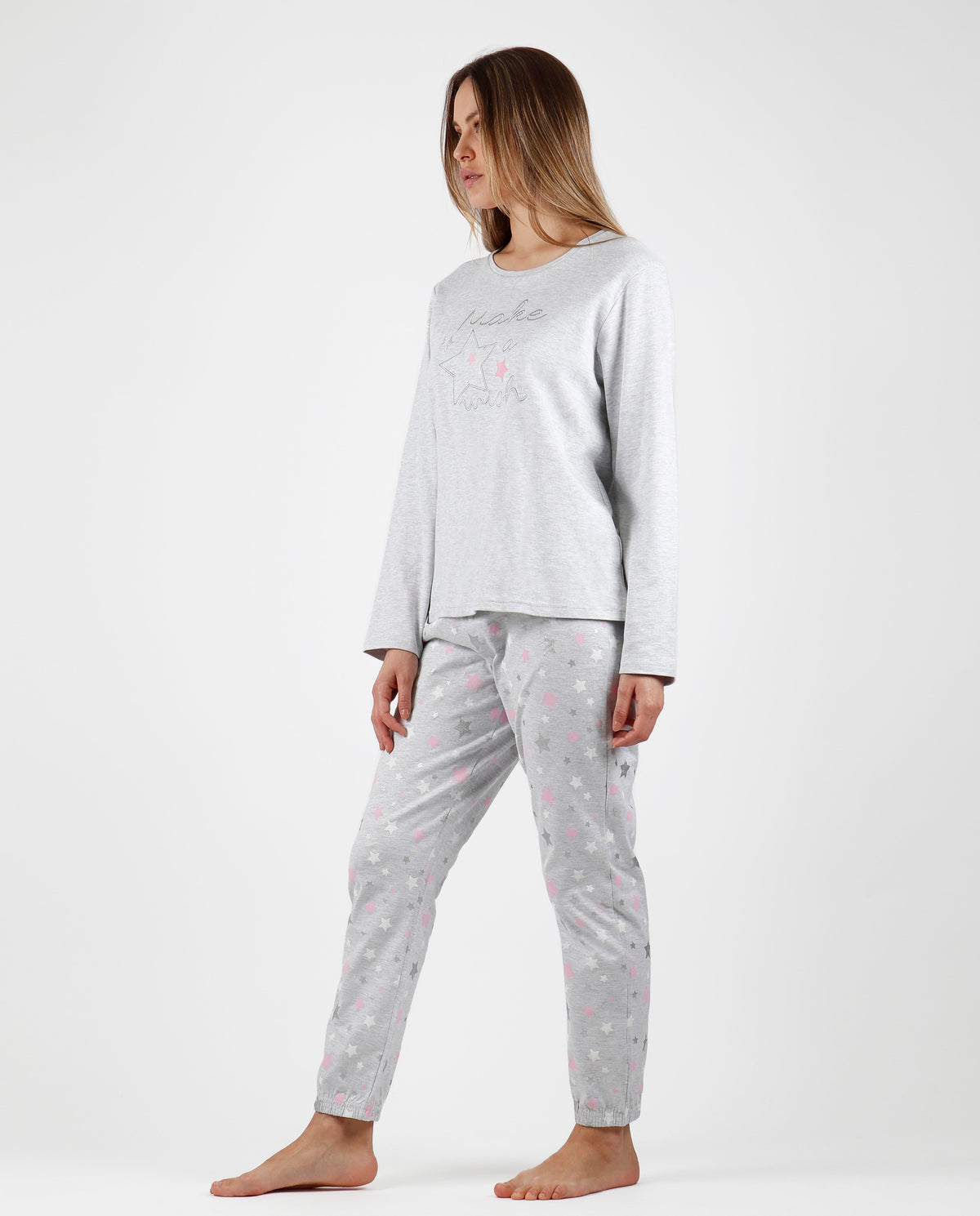 Pigiama donna stelle grigio rosa Admas 56220 invernale caldo cotone