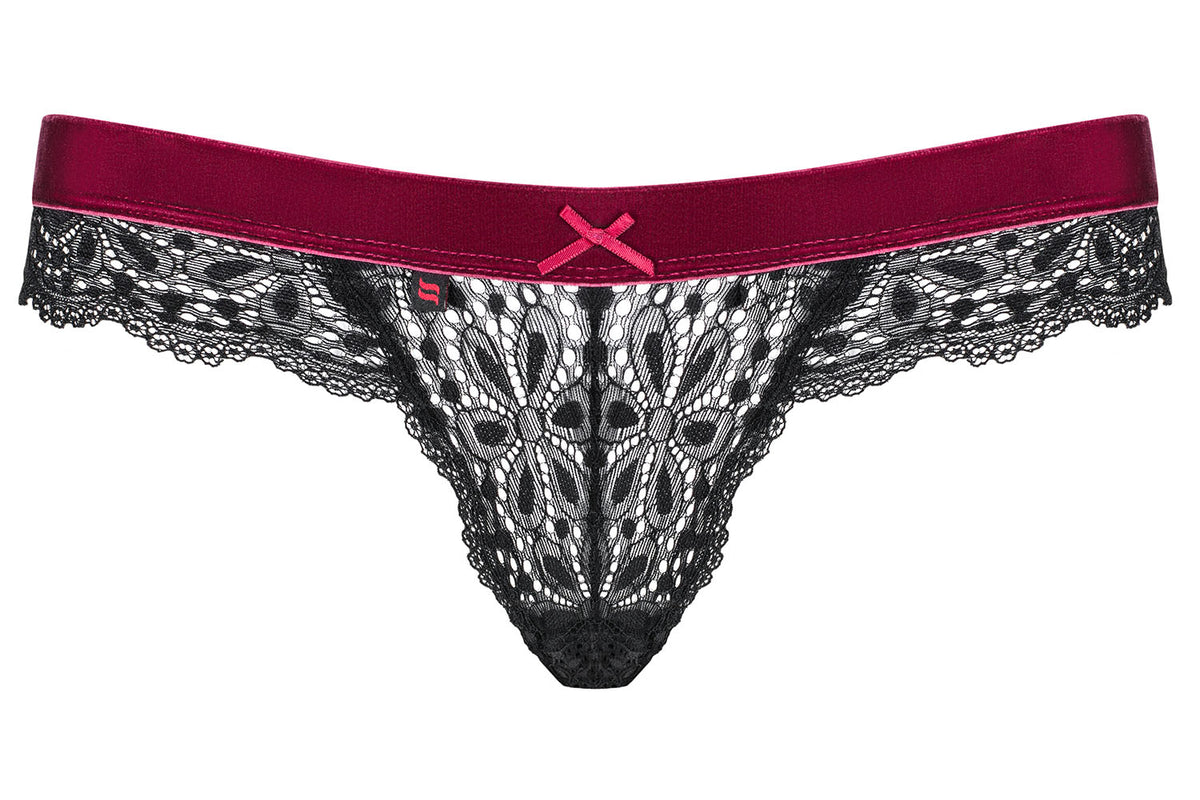 Sexy perizoma Obsessive Rossita Thong nero con fascia bordeaux