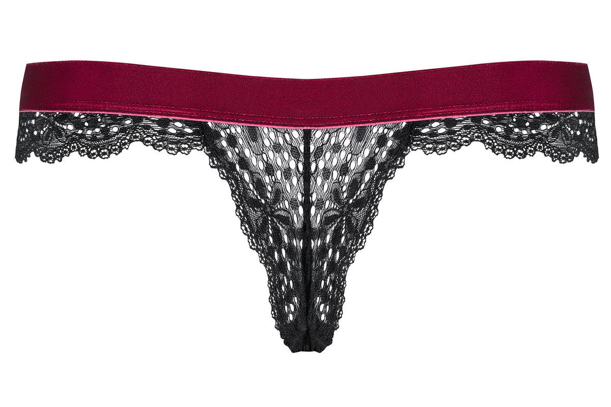 Sexy perizoma Obsessive Rossita Thong nero con fascia bordeaux