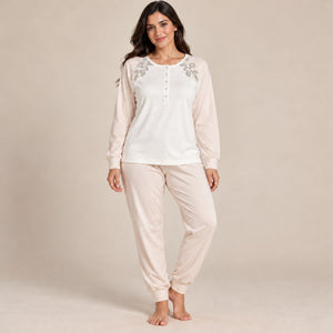 Pigiama donna caldo cotone scollo serafino con ricami Lunatica 62118