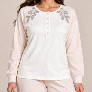 Pigiama donna caldo cotone scollo serafino con ricami Lunatica 62118