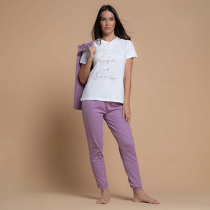 Pigiama donna cotone leggero e pizzo sangallo Biancaluna 26D91068 3 pezzi