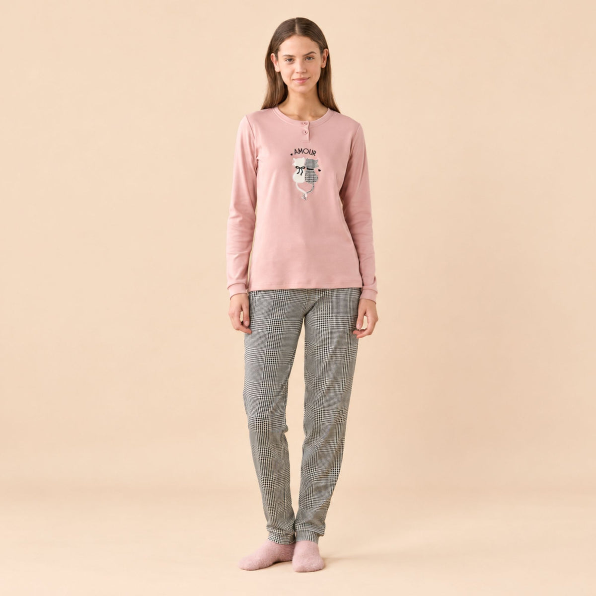 Pigiama donna pied poule gattino caldo cotone Noidinotte FA9741