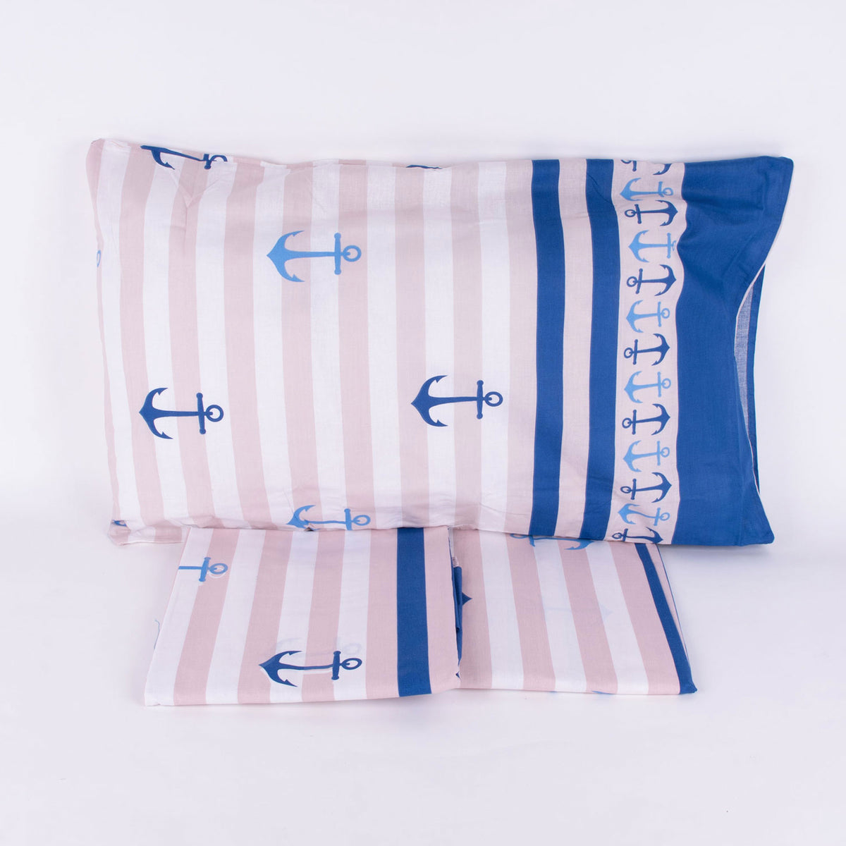 Completo letto Pompea Ancora lenzuola sopra sotto con angoli federa blu