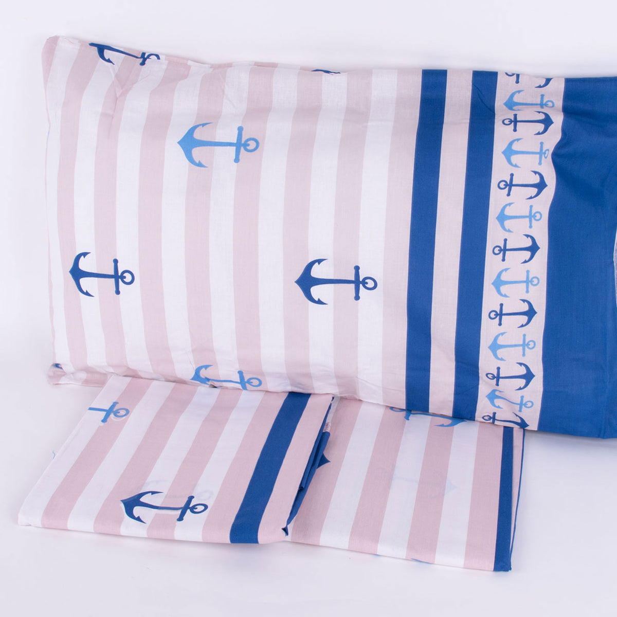 Completo letto Pompea Ancora lenzuola sopra sotto con angoli federa blu