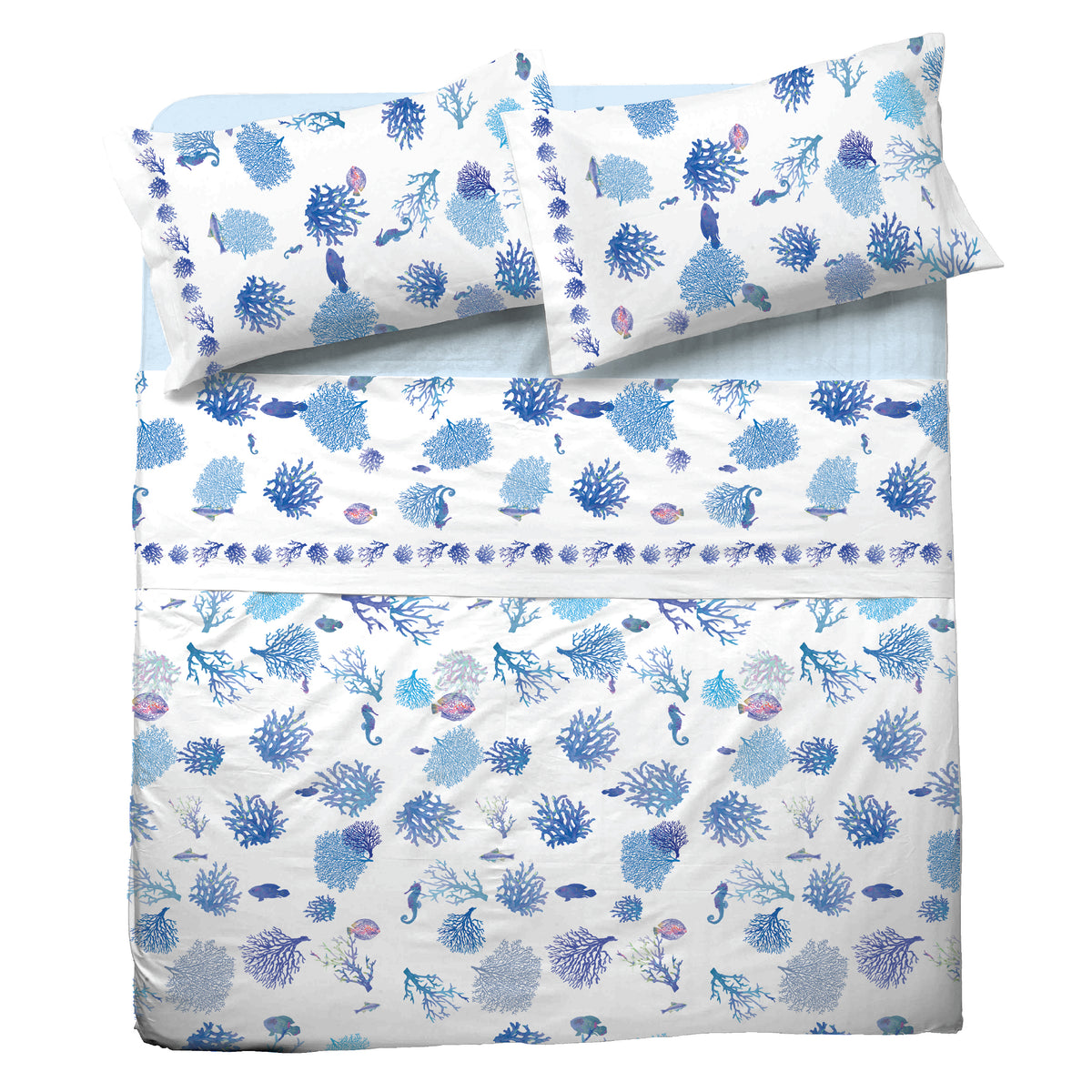 Completo letto Pompea Oceano lenzuola sopra sotto con angoli federa blu
