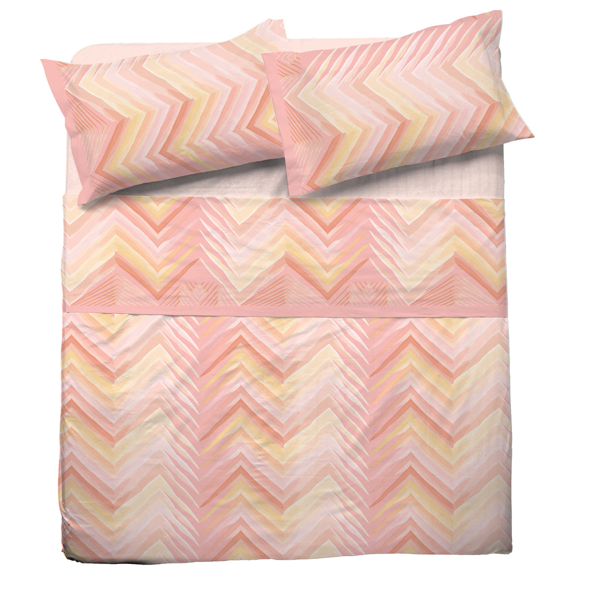 Completo letto Pompea Zigzag lenzuola sopra sotto con angoli federa rosa