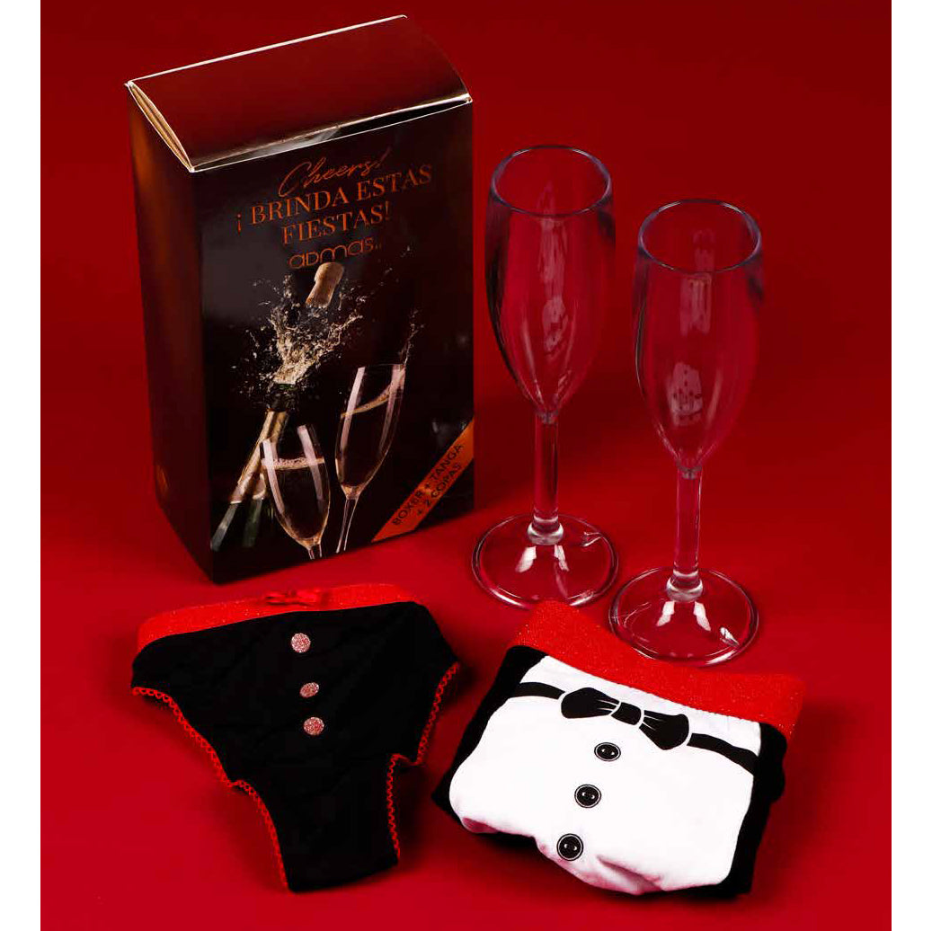 Boxer uomo + Tanga donna + 2 flute - intimo regalo natale capodanno