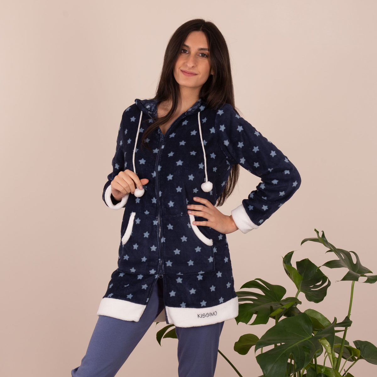 Giacca da camera coral fleece cappuccio Biancaluna D33006 blu