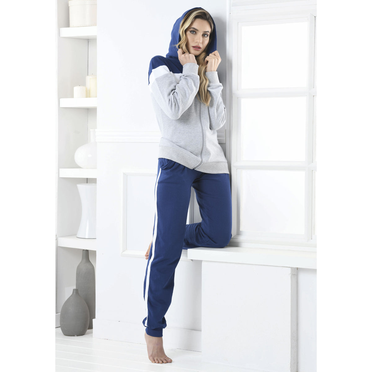 Pigiama tuta donna giacca cappuccio cotone felpato Biancaluna D2015 blu