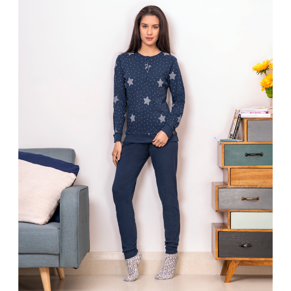 Pigiama donna serafino caldo cotone blu stelle Ambro 609.21
