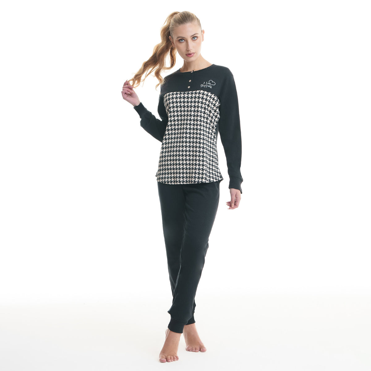Pigiama donna caldo cotone nero pied de poule Ambro D6019.22 var.A