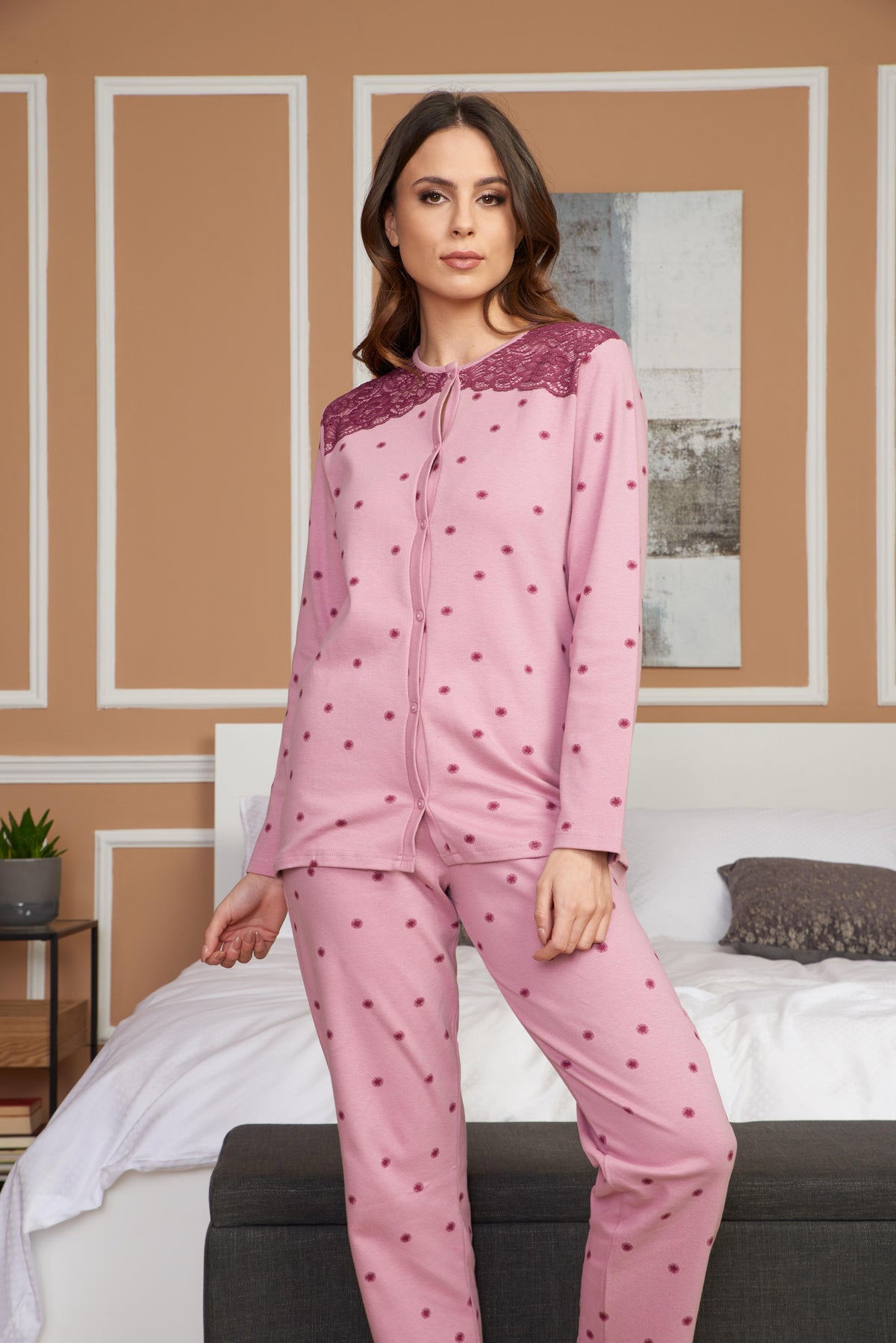 Pigiama donna invernale Karelpiù SE3401 caldo cotone aperto malva
