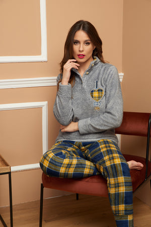 Pigiama donna invernale coral fantasia tartan grigio e giallo Karelpiù SE3466