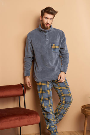 Pigiama coral collo alto antracite pantalone quadri gialli Karel uomo SE3480