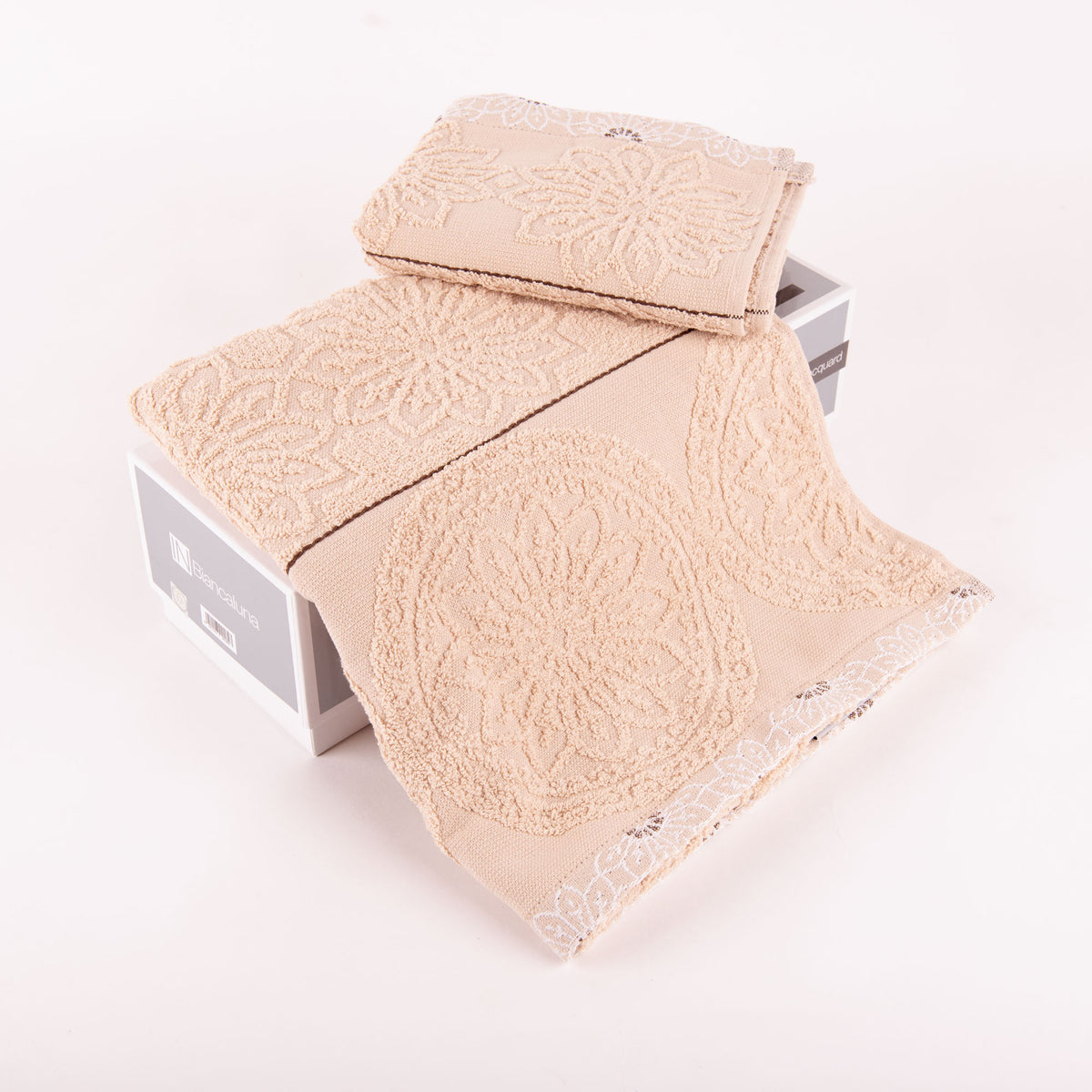 Set asciugamani viso + ospite Biancaluna Daci motivo floreale geometrico beige