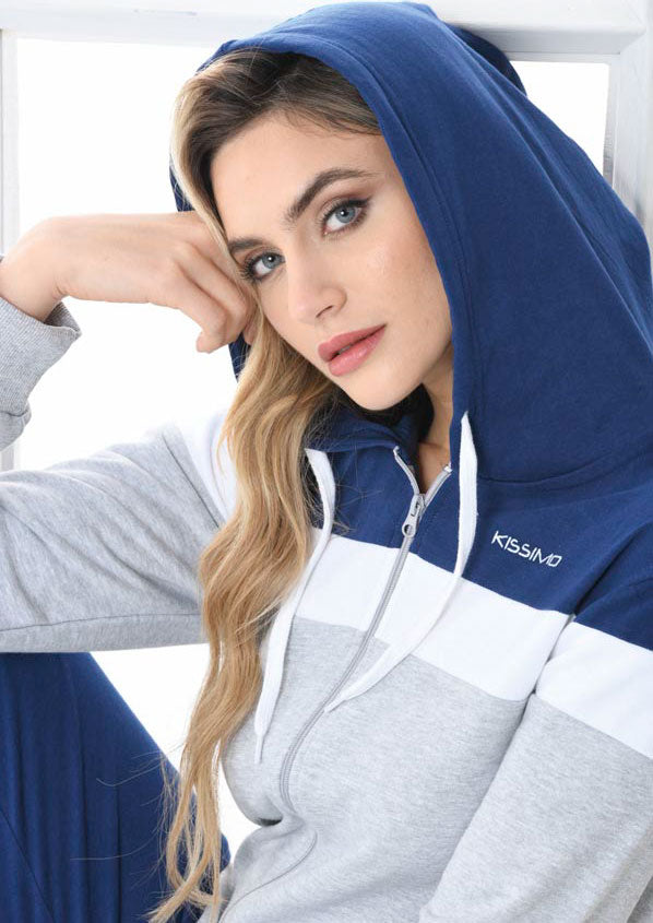 Pigiama tuta donna giacca cappuccio cotone felpato Biancaluna D2015 blu
