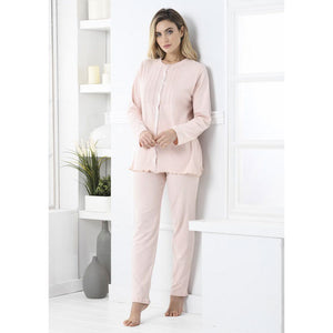 Pigiama donna caldo cotone abbottonato aperto Biancaluna rosa 2103