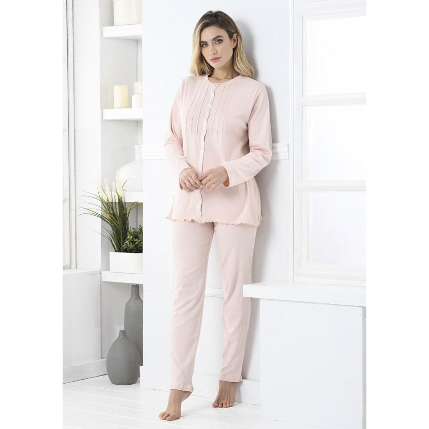 Pigiama donna caldo cotone abbottonato aperto Biancaluna rosa 2103