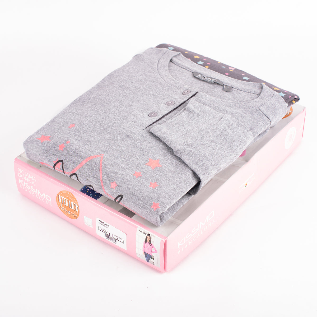Pigiama donna caldo cotone invernale grigio stelline Biancaluna D3002