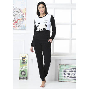 Pigiama caldo cotone Panda tuta casa Biancaluna 7004 nero
