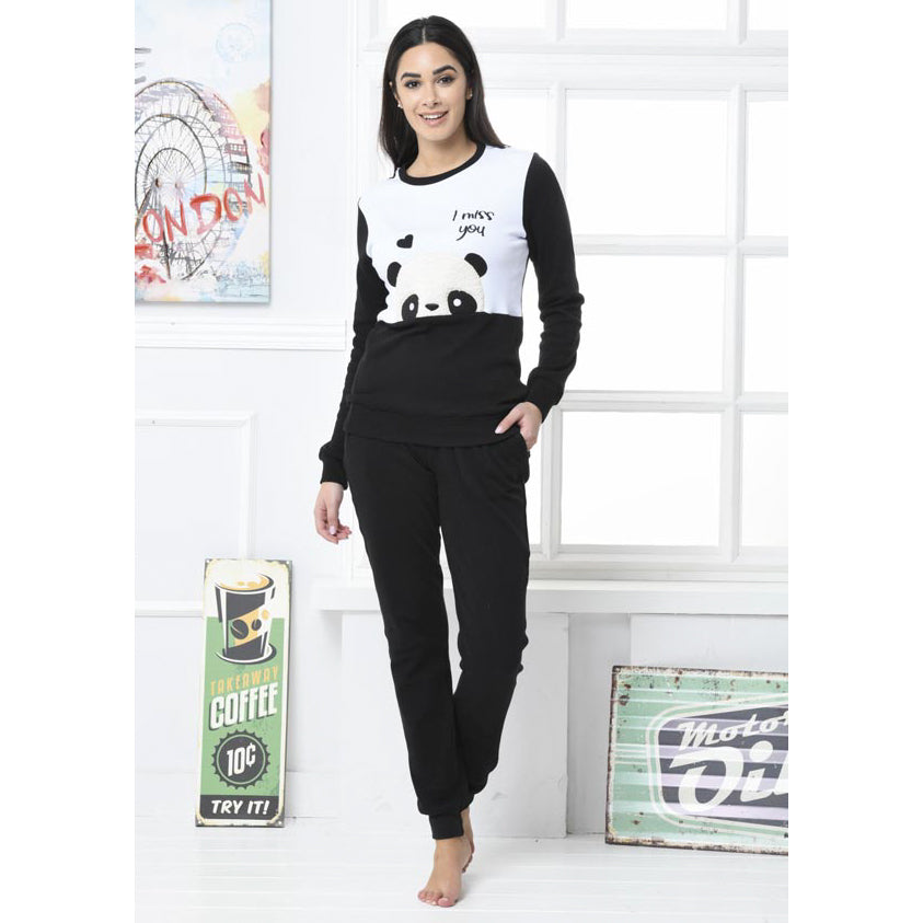 Pigiama caldo cotone Panda tuta casa Biancaluna 7004 nero