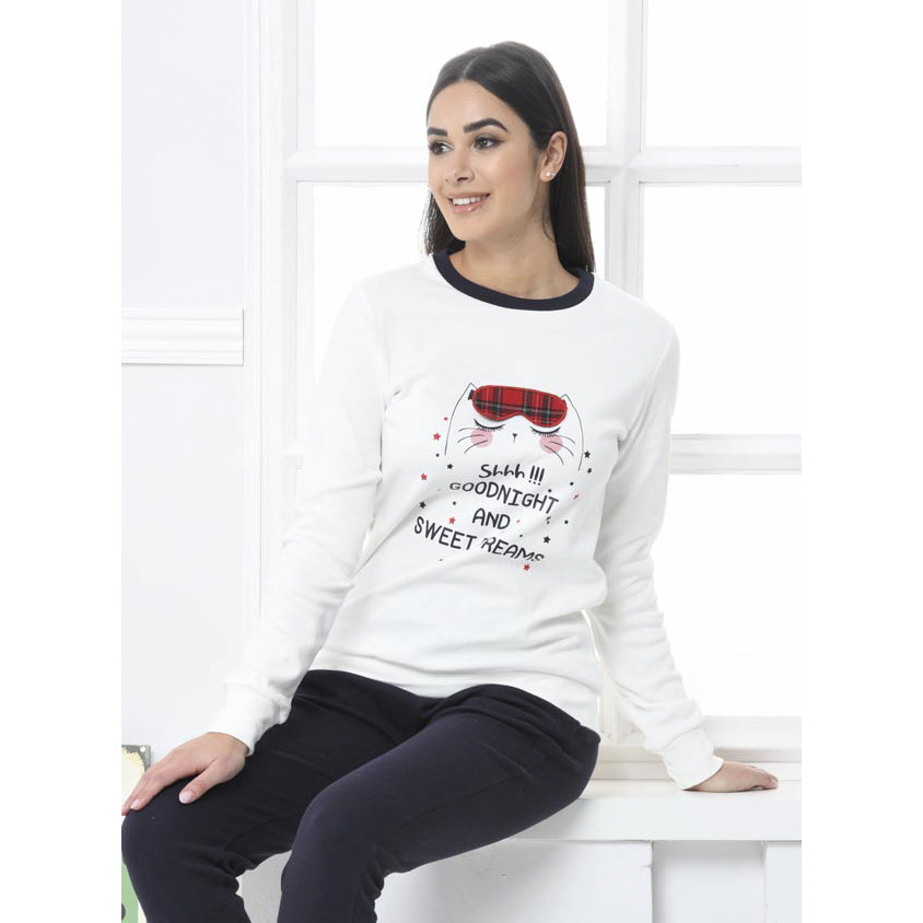 Pigiama donna gatto micio caldo cotone Biancaluna 7009 bianco